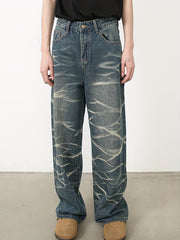 Retro Design Denim Men's Loose Fitting Straight Leg - Water Ripple Street Dance Party Casual Pants voguable