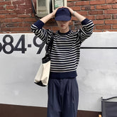 1pc Men'S Casual Crew Neck Striped Viscose Sweater - All-Season Loose Fit Knit Fabric with Slight Stretch voguable