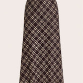 Elegant Women's Plaid Midi Skirt - Stretchy Polyester Blend, Brown & Beige, Machine Washable, Versatile for All Seasons, Plus Size Skirts voguable