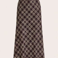 Elegant Women's Plaid Midi Skirt - Stretchy Polyester Blend, Brown & Beige, Machine Washable, Versatile for All Seasons, Plus Size Skirts voguable