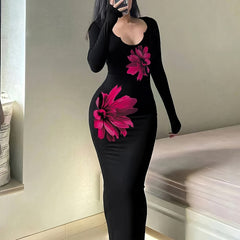 1pc Elegant Floral Print V-Neck Long Sleeve Bodycon Knit Dress for Women, Polyester, Notched Collar, Slim Fit, Ideal for Spring/Summer/Fall - Sexy Style voguable