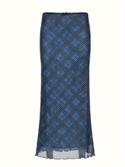 Y2K-Inspired Vintage Plaid Mesh Maxi Skirt with Bow Detail - Stretchy & Machine Washable, Elegant Two-Layer Design for Women voguable