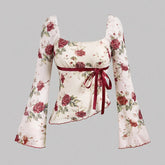 Elegant Women's Floral Print Blouse with Square Neckline and Red Ribbon Tie - Long Sleeve, Asymmetrical Hem, Polyester, Machine Washable voguable