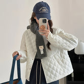 1pc Argyle Pattern Fashion Winter Jacket, 100% Polyester Short-Length Quilted Coat with Pockets, Long Sleeve Casual Outerwear voguable