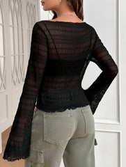 Solid Textured Mesh Slim T-Shirt, Casual Long Sleeve T-Shirt For Spring & Fall, Women's Clothing voguable