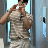 Men's Casual Striped Knit Pullover - Breathable Polyester Blend, Round Neck, Summer Wear voguable