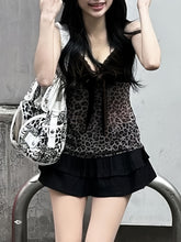 Women's Y2K-Inspired Leopard Print and Velvet V-Neck Camisole with Lace Detailing and Bow Accent, Adjustable Straps - Stylish French Streetwear voguable