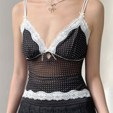 Y2K-Inspired Sexy Lace Bow Cami Top with V-Neck & Polka Dot Mesh - Stretchy, Breathable Fabric for All Seasons voguable