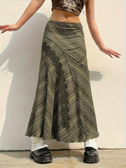 Striped Lace Stitching Skirt, Y2K Ruffle Hem Maxi Skirt, Women's Clothing voguable