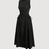 Solid Color Polyester Midi Dress - Elegant Round Neck Cinched Waist for Women - Machine Washable, Long Skirt voguable
