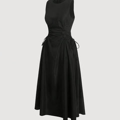 Solid Color Polyester Midi Dress - Elegant Round Neck Cinched Waist for Women - Machine Washable, Long Skirt voguable