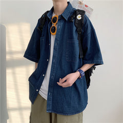 Voguable 90s fashion men Summer New 5-Point Short Sleeve Denim Men's Shirt Korean Style Couple Loose Half Sleeve Short Sleeve Shirt Men's Batch voguable
