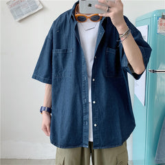 Voguable 90s fashion men Summer New 5-Point Short Sleeve Denim Men's Shirt Korean Style Couple Loose Half Sleeve Short Sleeve Shirt Men's Batch voguable