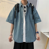 Voguable 90s fashion men Summer New 5-Point Short Sleeve Denim Men's Shirt Korean Style Couple Loose Half Sleeve Short Sleeve Shirt Men's Batch voguable