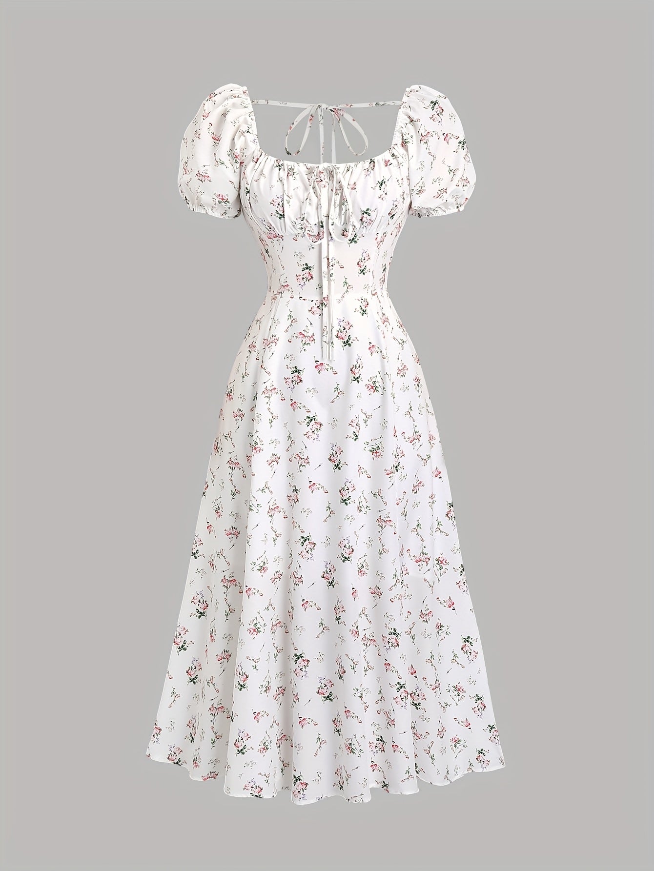 Elegant White Floral Print Midi Dress with Puff Sleeves & Tie-Back Detail - Square Neck, Non-Sheer Polyester for Women - Perfect for Spring, Summer & All Seasons, Formal Wear | Puff Sleeves Dress | Polyester Fabric voguable
