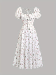 Elegant White Floral Print Midi Dress with Puff Sleeves & Tie-Back Detail - Square Neck, Non-Sheer Polyester for Women - Perfect for Spring, Summer & All Seasons, Formal Wear | Puff Sleeves Dress | Polyester Fabric voguable