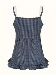 Y2K Checkered Faux Two-Piece Lace Layered Tank Top for Japanese And Korean Style. voguable