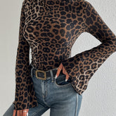 Elegant Bell Sleeve Crew Neck T-Shirt - Leopard Print, Women's Clothing for Spring & Fall voguable