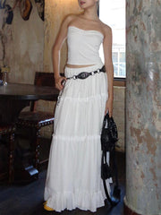 1pc Y2K Style Women's Summer Tiered Midi Skirt - 95% Polyester, 5% Elastane, Solid Color, Ruffle Hem, Elastic Waist, Flowy A-Line Maxi Skirt for Beach and Streetwear, Long Skirt, Cute voguable