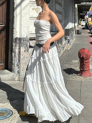 1pc Y2K Style Women's Summer Tiered Midi Skirt - 95% Polyester, 5% Elastane, Solid Color, Ruffle Hem, Elastic Waist, Flowy A-Line Maxi Skirt for Beach and Streetwear, Long Skirt, Cute voguable