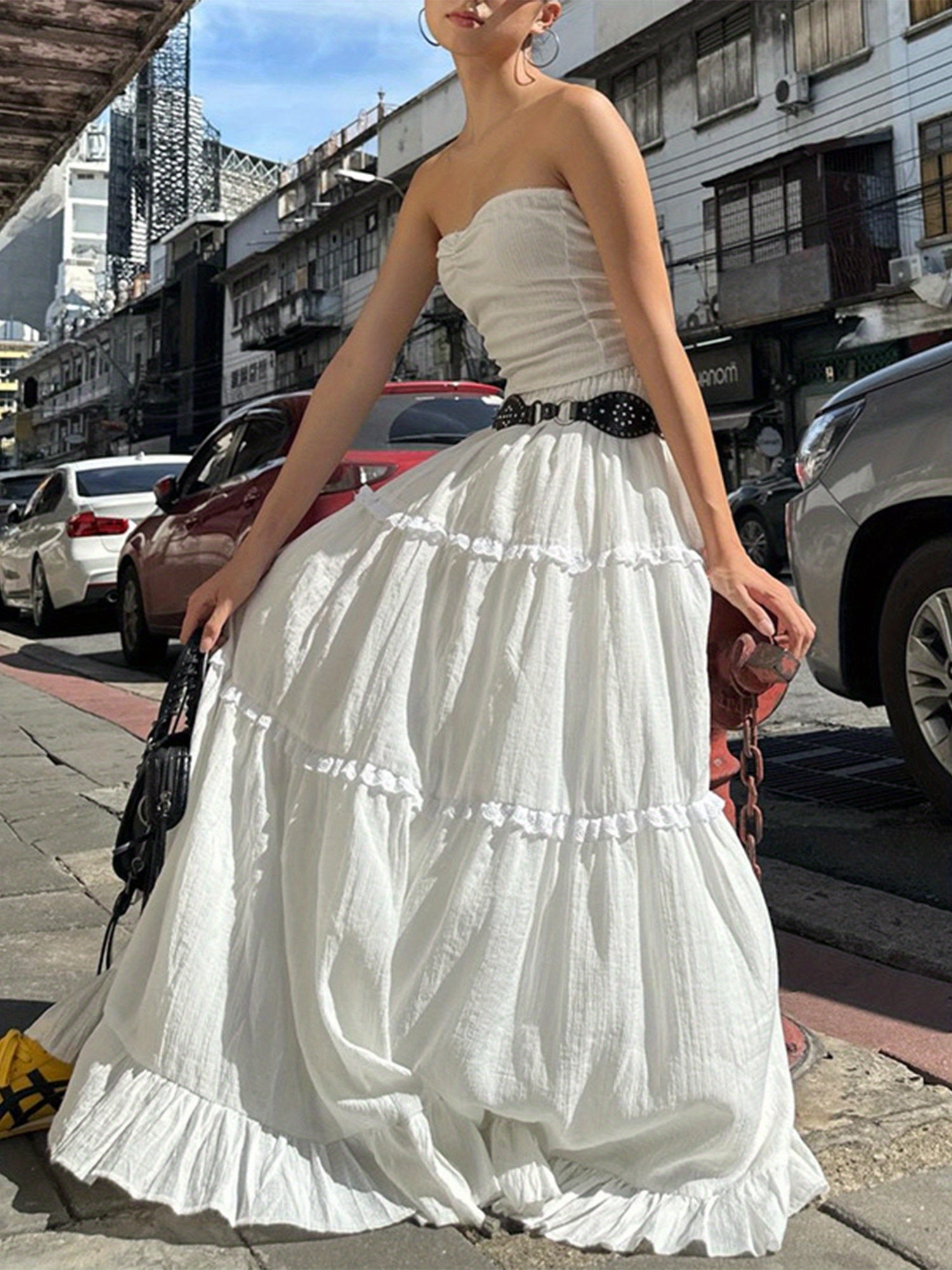 1pc Y2K Style Women's Summer Tiered Midi Skirt - 95% Polyester, 5% Elastane, Solid Color, Ruffle Hem, Elastic Waist, Flowy A-Line Maxi Skirt for Beach and Streetwear, Long Skirt, Cute voguable