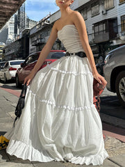 1pc Y2K Style Women's Summer Tiered Midi Skirt - 95% Polyester, 5% Elastane, Solid Color, Ruffle Hem, Elastic Waist, Flowy A-Line Maxi Skirt for Beach and Streetwear, Long Skirt, Cute voguable