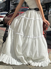 1pc Y2K Style Women's Summer Tiered Midi Skirt - 95% Polyester, 5% Elastane, Solid Color, Ruffle Hem, Elastic Waist, Flowy A-Line Maxi Skirt for Beach and Streetwear, Long Skirt, Cute voguable