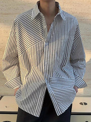 Men's Stylish Stripe Print Turndown Collar Shirts, Single Breasted Long Sleeve Baggy Shirts For Casual Daily Wear, Spring And Fall voguable