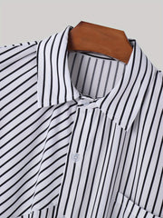 Men's Stylish Stripe Print Turndown Collar Shirts, Single Breasted Long Sleeve Baggy Shirts For Casual Daily Wear, Spring And Fall voguable