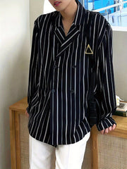 Men's Classic Stripe Polyester Shirt - 100% Woven Polyester, Lapel Collar, Non-Stretch, Button Detail, Loose Fit, Double Breasted, Long Sleeve, Casual Work Shirt for Spring/Fall gotmes-shop