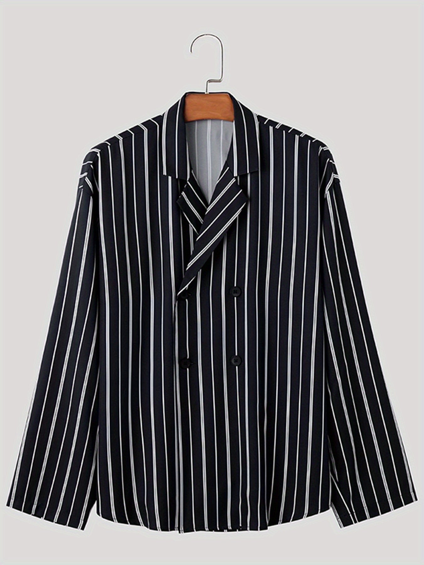 Men's Classic Stripe Polyester Shirt - 100% Woven Polyester, Lapel Collar, Non-Stretch, Button Detail, Loose Fit, Double Breasted, Long Sleeve, Casual Work Shirt for Spring/Fall gotmes-shop