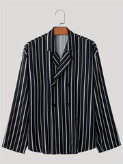 Men's Classic Stripe Polyester Shirt - 100% Woven Polyester, Lapel Collar, Non-Stretch, Button Detail, Loose Fit, Double Breasted, Long Sleeve, Casual Work Shirt for Spring/Fall gotmes-shop