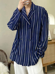 Men's Classic Stripe Polyester Shirt - 100% Woven Polyester, Lapel Collar, Non-Stretch, Button Detail, Loose Fit, Double Breasted, Long Sleeve, Casual Work Shirt for Spring/Fall gotmes-shop