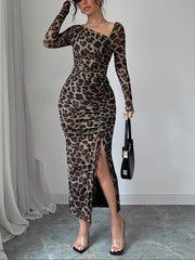 Leopard Print Asymmetrical Neck Dress, Elegant Long Sleeve Bodycon Dress for Spring & Fall, Women's Clothing voguable