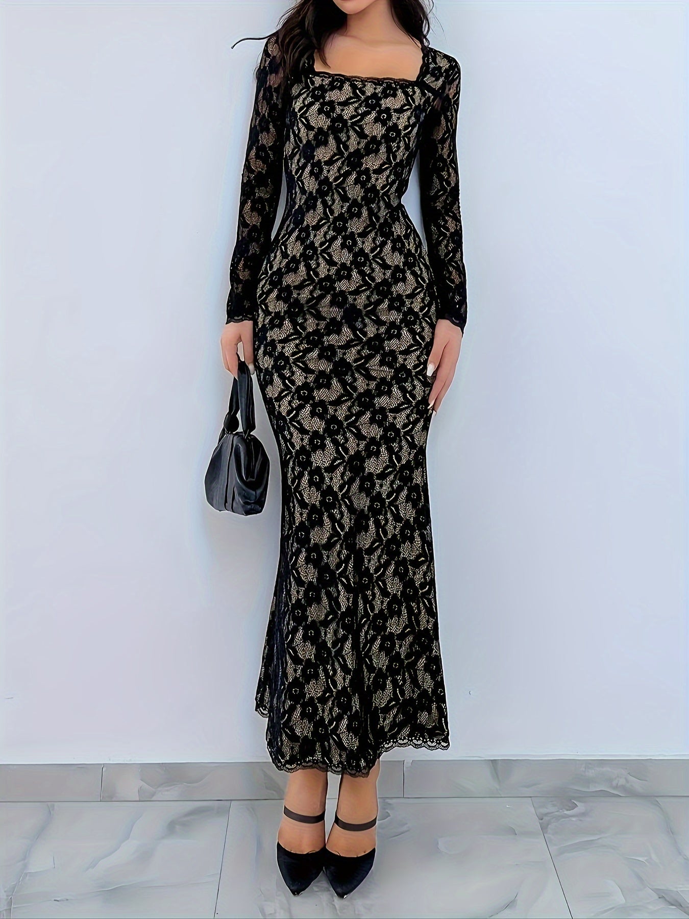 Elegant Long Sleeve Floral Lace Bodycon Dress - Square Neck, Women's Clothing for Club & Party voguable