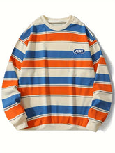 Retro Striped Men's Casual Loose Long Sleeve Round Neck Sweatshirt, Spring Fall Pullover Top voguable