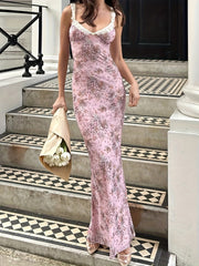 Print Sleeveless Maxi Dress - V-Neck, Lace Trim Detail, Machine Washable Polyester Blend - Chic Summer Vacation Style for Women, Plus Size Elegant Dress voguable