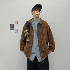 Voguable grunge outfits Autumn and Winter Plaid Woolen Coat Men's Loose Korean Style Trendy Ins Woolen Coat Retro Hong Kong Trendy voguable