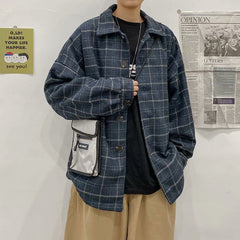 Voguable grunge outfits Autumn and Winter Plaid Woolen Coat Men's Loose Korean Style Trendy Ins Woolen Coat Retro Hong Kong Trendy voguable