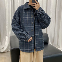 Voguable grunge outfits Autumn and Winter Plaid Woolen Coat Men's Loose Korean Style Trendy Ins Woolen Coat Retro Hong Kong Trendy voguable
