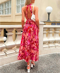 Sleevelss Halter Maxi Summer Dress for Women Sexy Backless Beach Pink Boho Robe Femme  Lace Up Sundress Floral Dress voguable