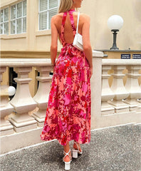 Sleevelss Halter Maxi Summer Dress for Women Sexy Backless Beach Pink Boho Robe Femme Lace Up Sundress Floral Dress voguable