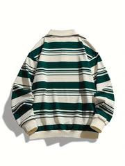 Long Sleeve Striped Polo Shirt - Men's Casual Regular Fit Polyester Knit Fabric with Button-Down Collar voguable