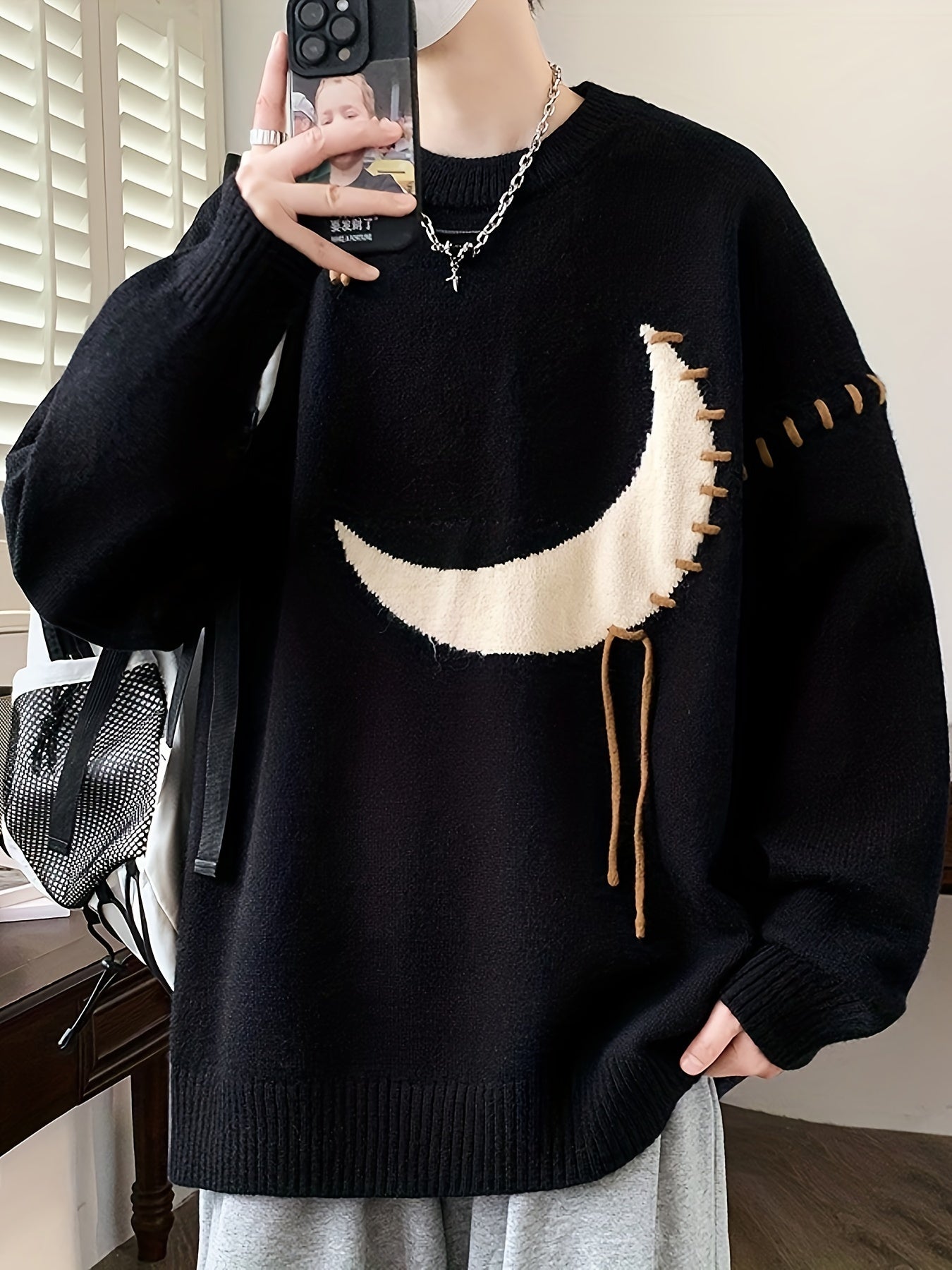 Cozy Acrylic Blend Crescent Moon Sweater - Men's Trendy Distressed Long Sleeve Pullover - Versatile & Warm for Fall/Winter, Plus Size voguable