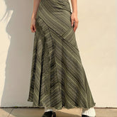 Striped Lace Stitching Skirt, Y2K Ruffle Hem Maxi Skirt, Women's Clothing voguable