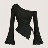 Trendy Chic Knit T-Shirt - Soft Polyester Blend, Asymmetrical Neck, Solid Color, Regular Length, Perfect for Fall and Winter Seasons voguable