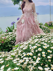 French Style First Love Cherry Blossom Pink Tie-Dye Suspender Dress Vacation Style Fairy Style Gradient Dyeing Women's Summer Floral Irregular Hem Vacation Long Dress voguable