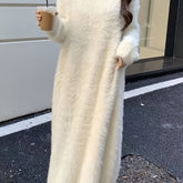 Elegant Faux Mink Fur Women's Lounge Dress - Cozy V-Neck Long Sleeve, Over-the-Knee Knit Robe for Fall/Winter, Korean Style, Loose Fit voguable