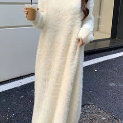 Elegant Faux Mink Fur Women's Lounge Dress - Cozy V-Neck Long Sleeve, Over-the-Knee Knit Robe for Fall/Winter, Korean Style, Loose Fit voguable