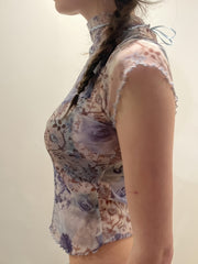 Rustic Retro Floral Mesh T-shirt Y2K Pleated Lace Contrast Color Weft Lanyard Bow Short Top French Style voguable